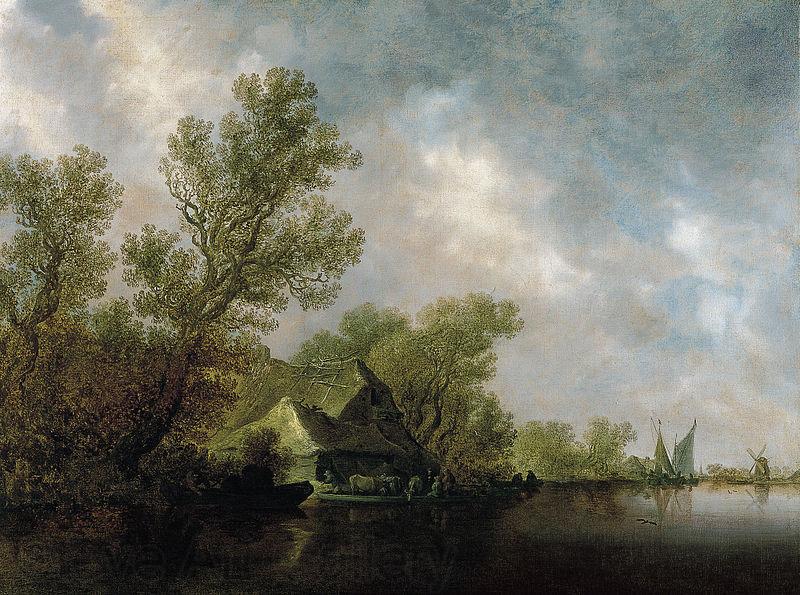 Jan van Goyen River Landscape with Ferry and cottages Norge oil painting art